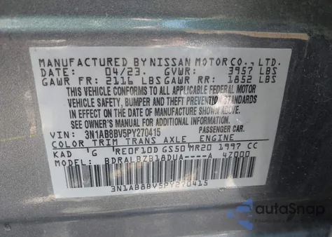 2023 Nissan Sentra S Xtronic Cvt from USA, damaged, VIN 3N1AB8BV5PY270415